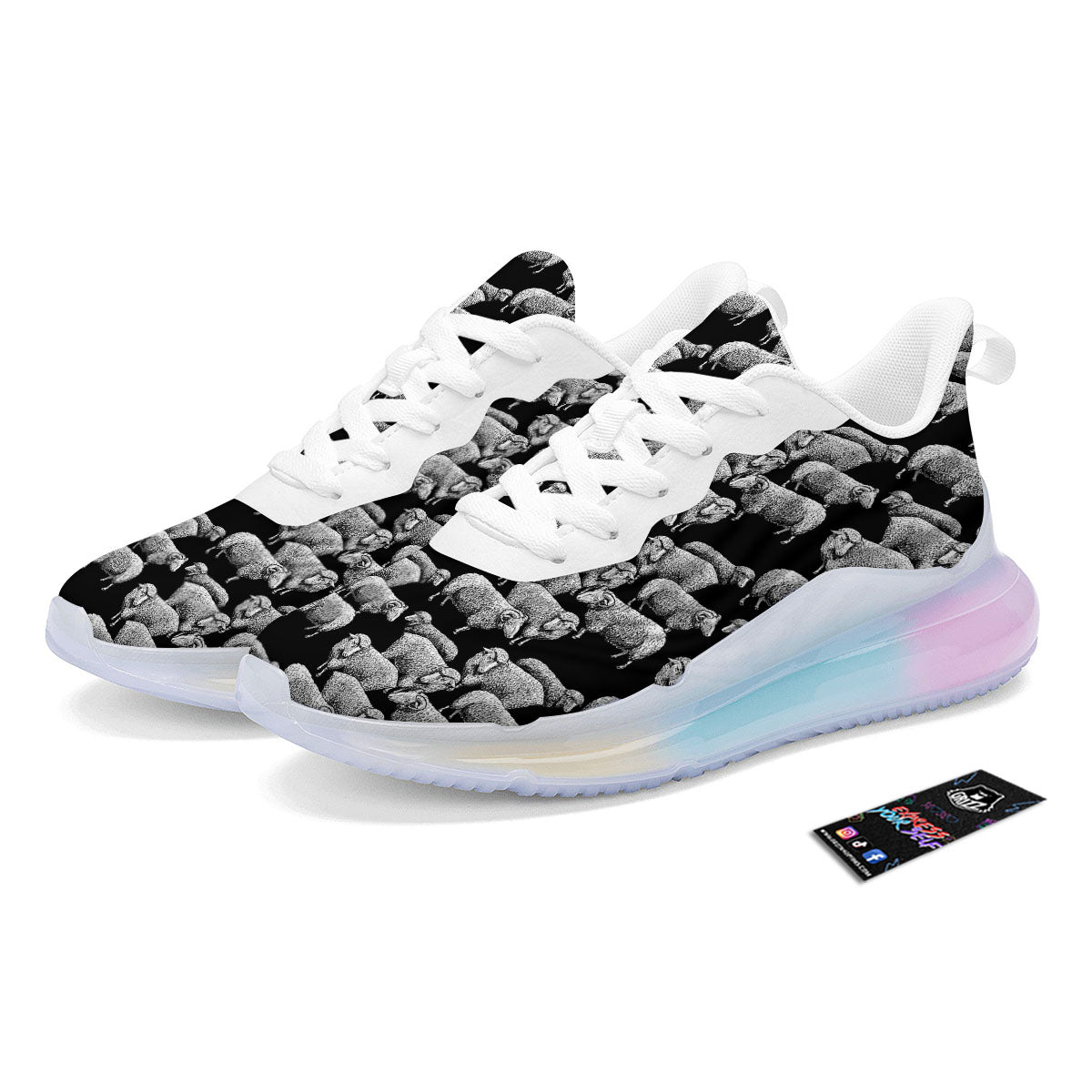 White Sheep And Black Print Pattern Running Sneakers-grizzshop
