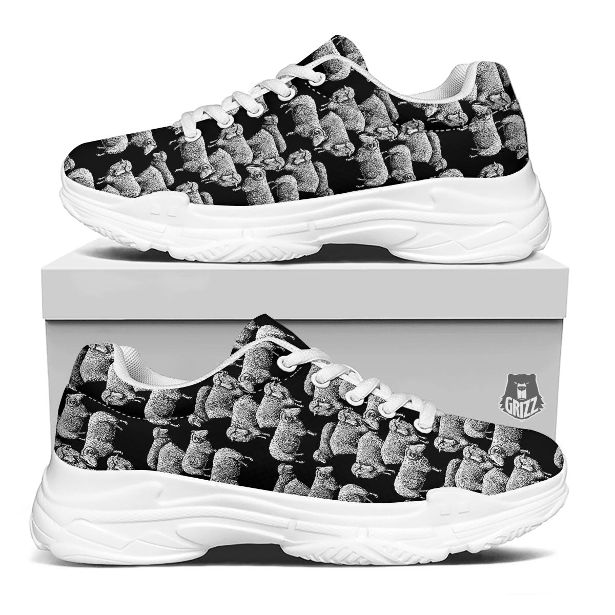 White Sheep And Black Print Pattern White Chunky Shoes-grizzshop