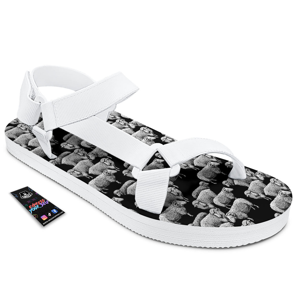 White Sheep And Black Print Pattern White Open Toe Sandals-grizzshop