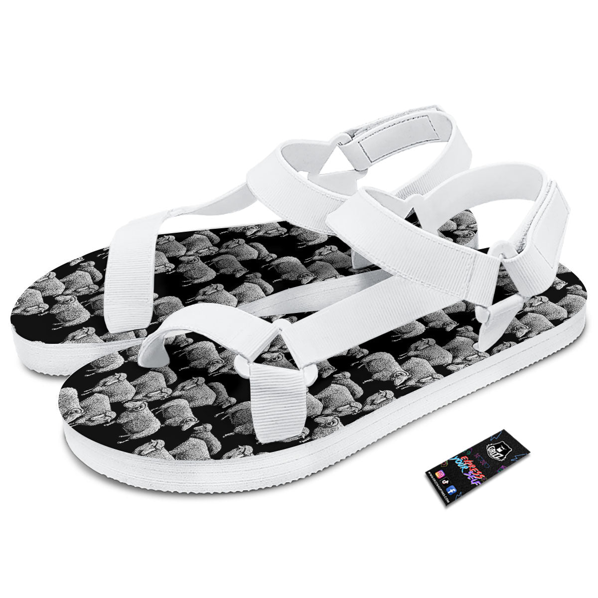 White Sheep And Black Print Pattern White Open Toe Sandals-grizzshop