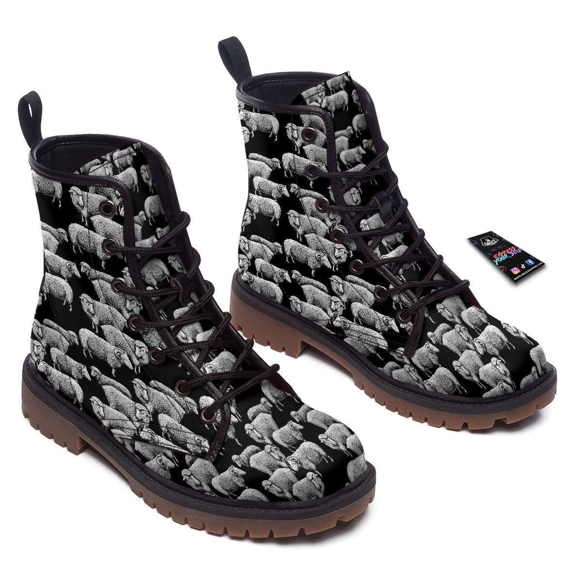 White Sheep And Black Print Pattern Work Boots-grizzshop
