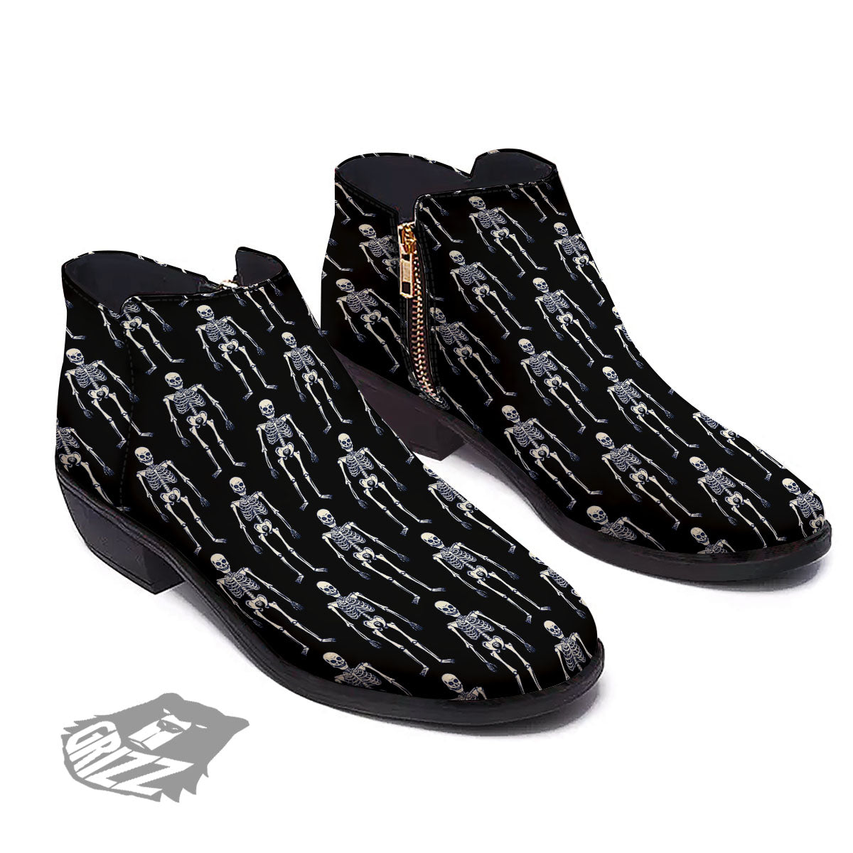 White Skeleton And Black Print Pattern Ankle Boots-grizzshop