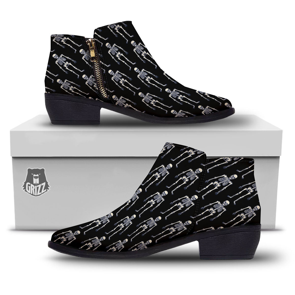 White Skeleton And Black Print Pattern Ankle Boots-grizzshop