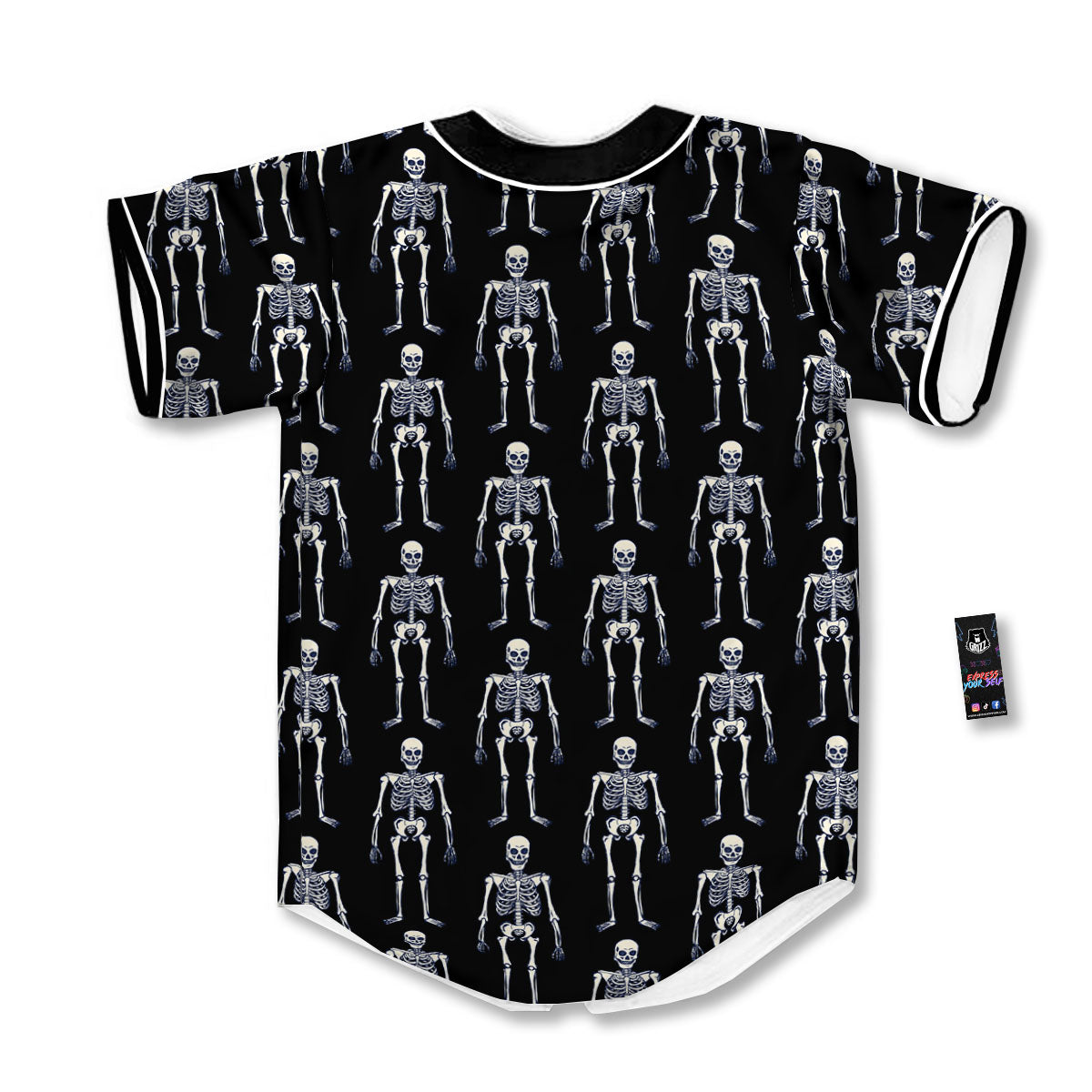 White Skeleton And Black Print Pattern Baseball Jersey-grizzshop