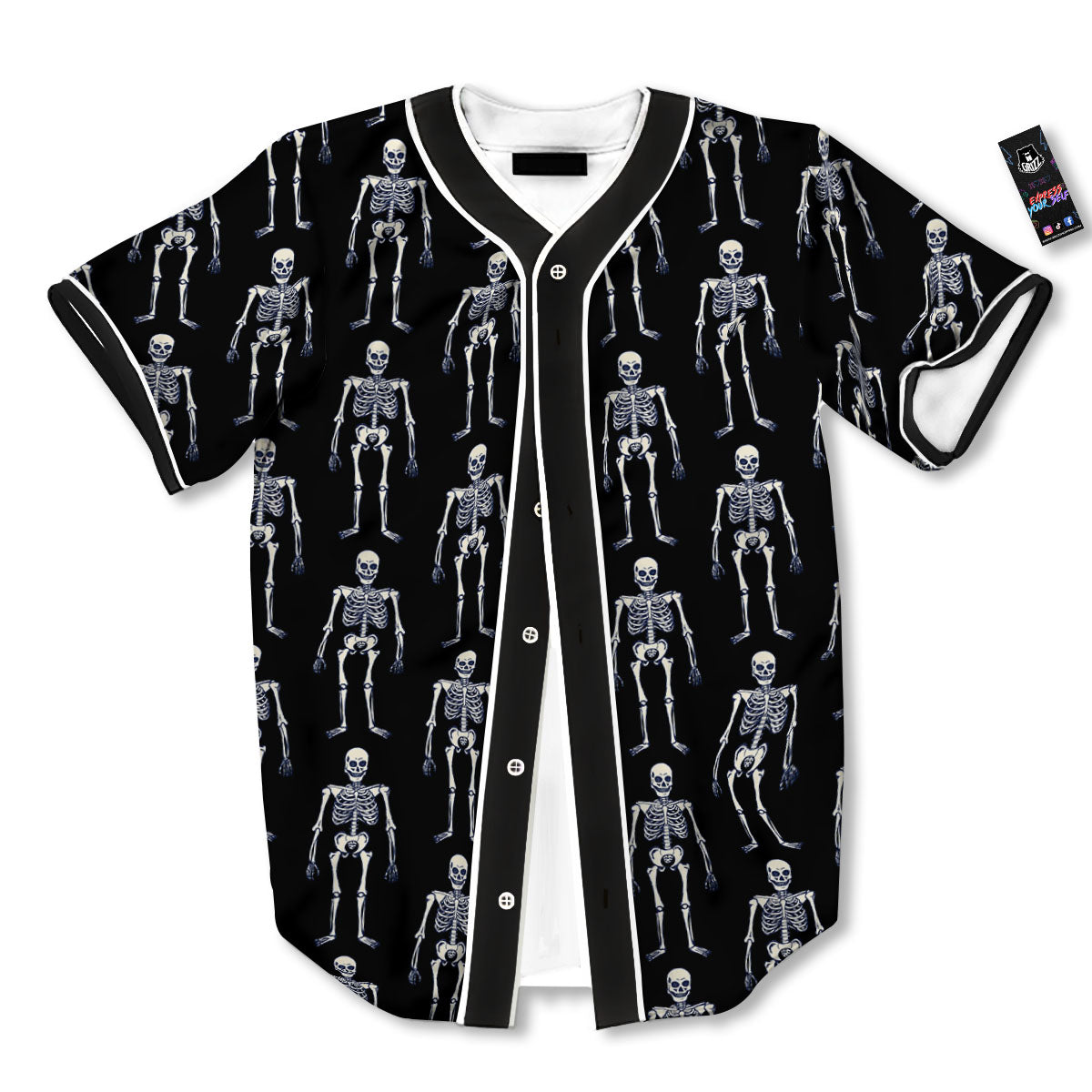 White Skeleton And Black Print Pattern Baseball Jersey-grizzshop