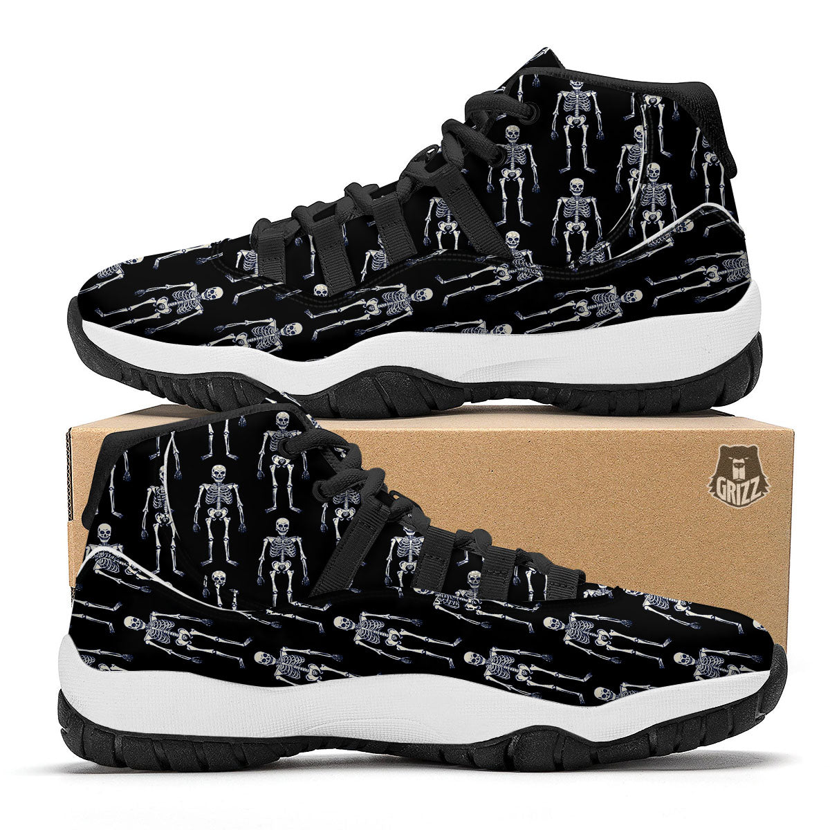 White Skeleton And Black Print Pattern Black Bball Shoes-grizzshop
