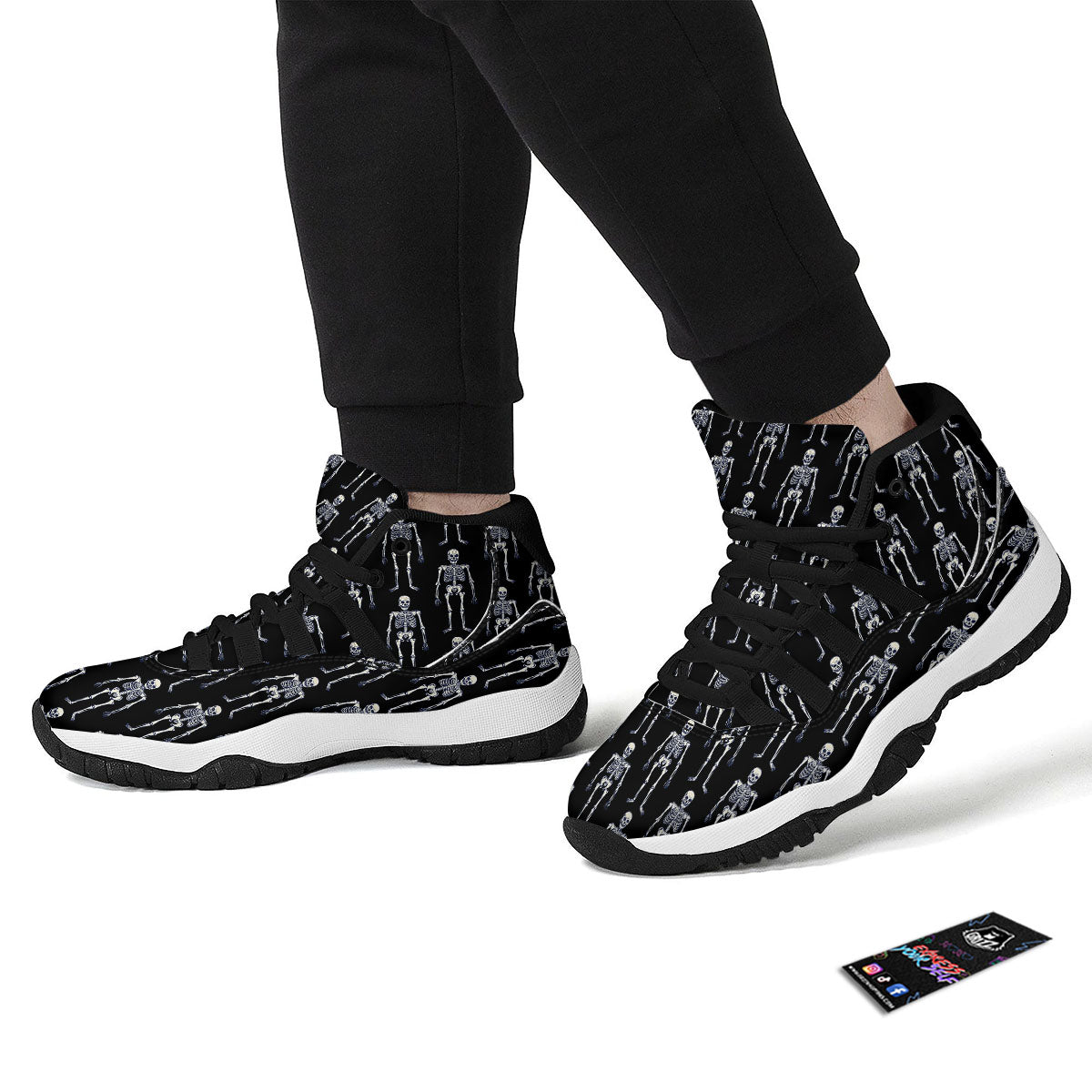 White Skeleton And Black Print Pattern Black Bball Shoes-grizzshop