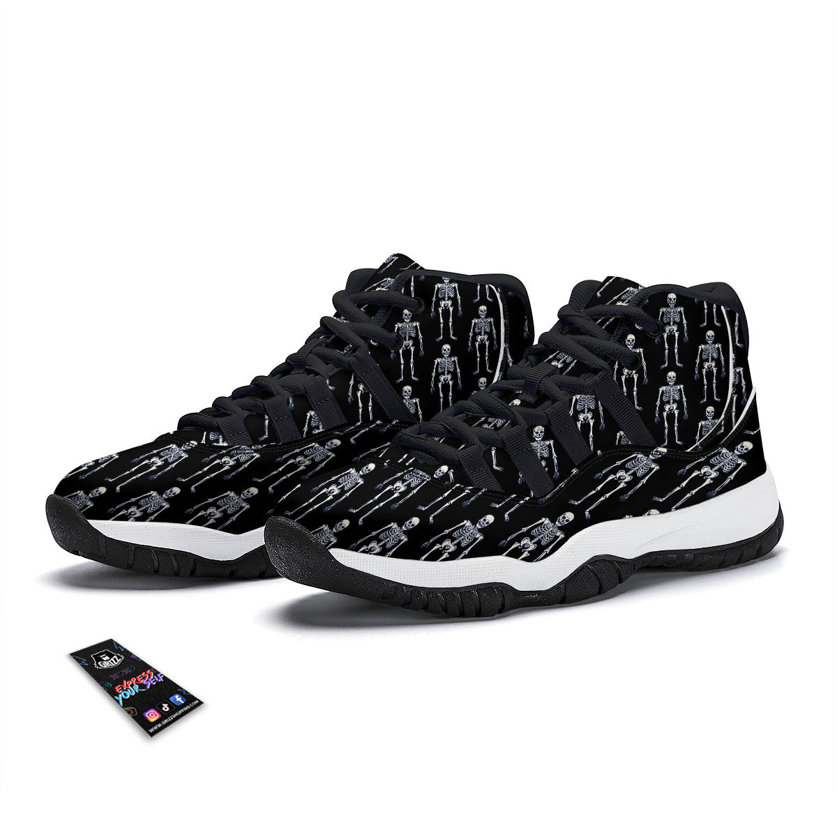 White Skeleton And Black Print Pattern Black Bball Shoes-grizzshop
