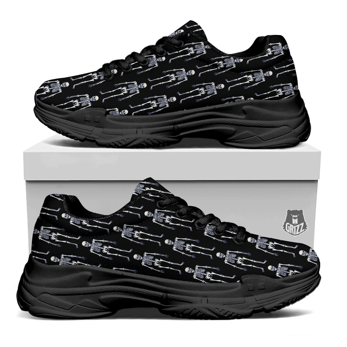 White Skeleton And Black Print Pattern Black Chunky Shoes-grizzshop