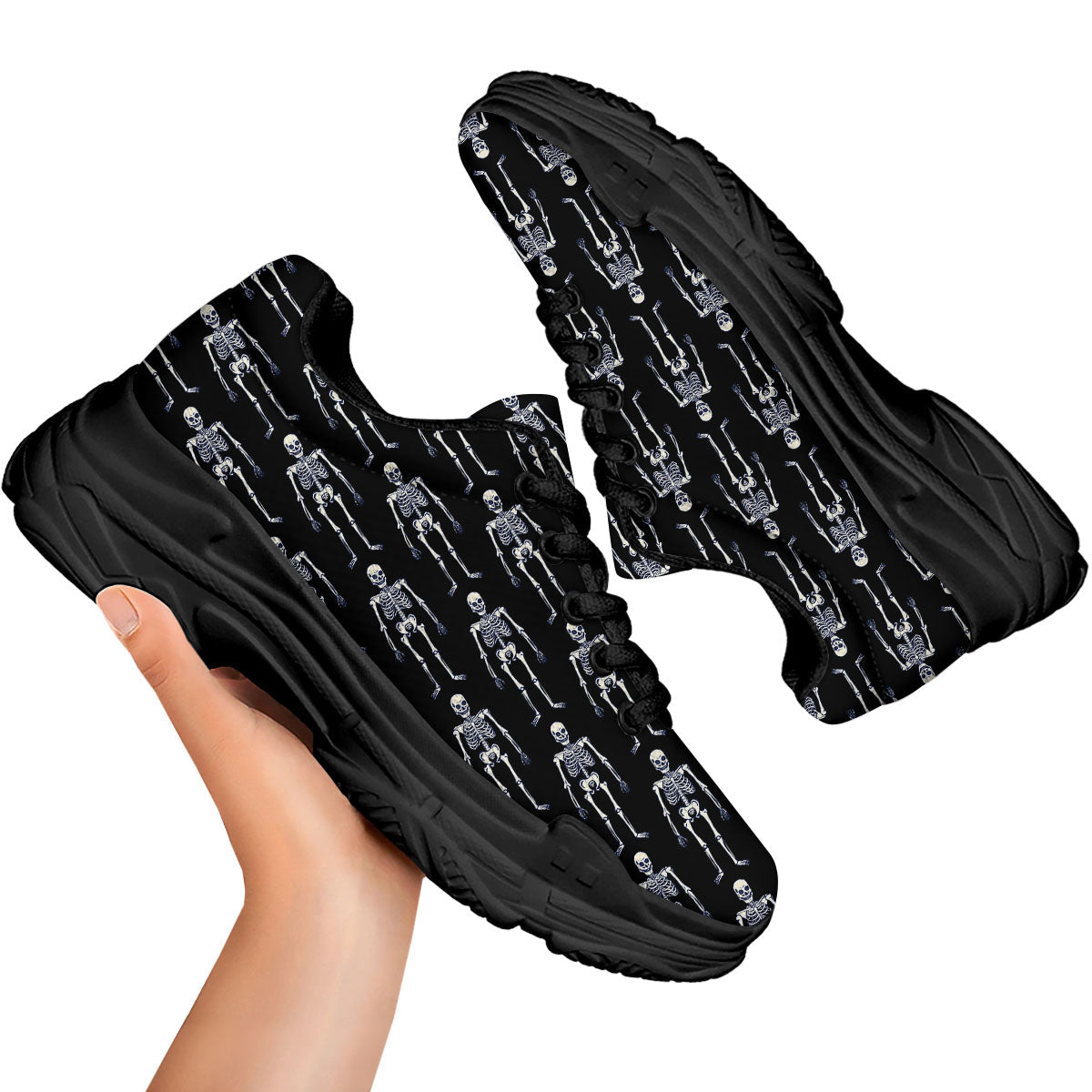 White Skeleton And Black Print Pattern Black Chunky Shoes-grizzshop
