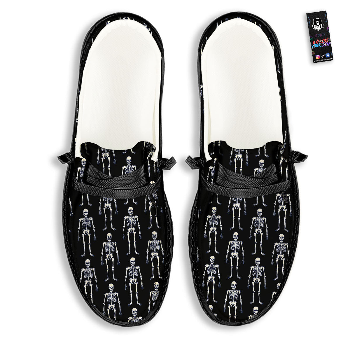 White Skeleton And Black Print Pattern Black Loafers-grizzshop
