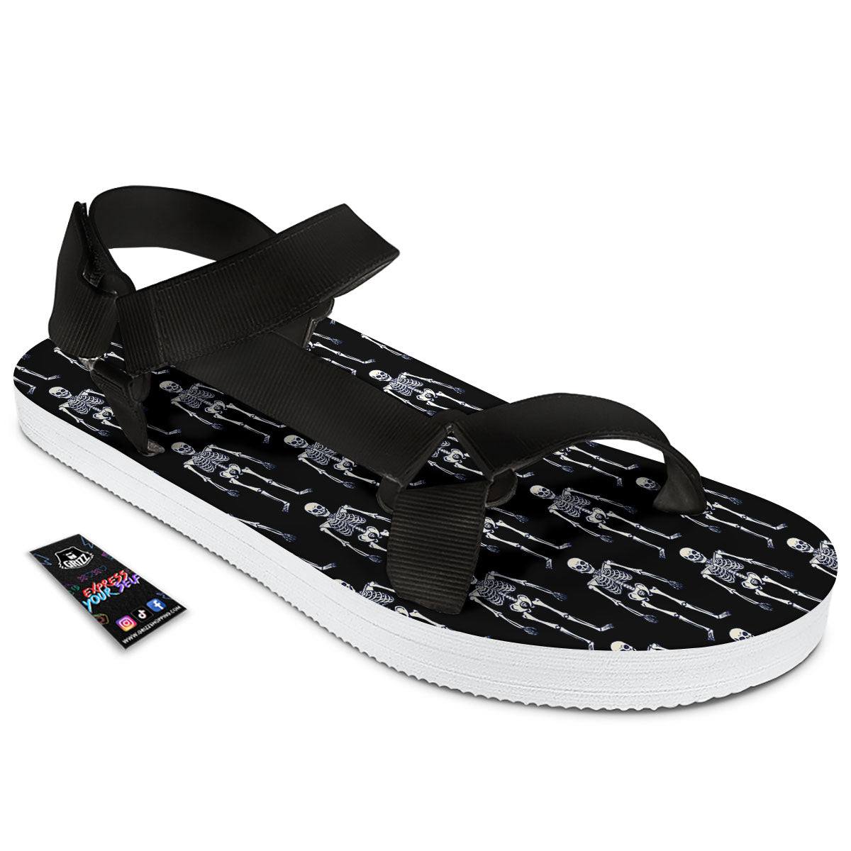 White Skeleton And Black Print Pattern Black Open Toe Sandals-grizzshop