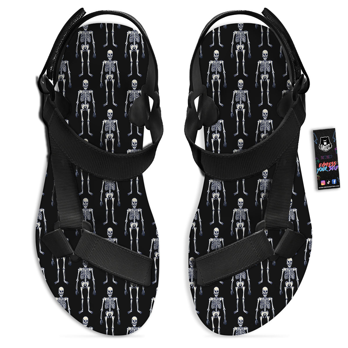 White Skeleton And Black Print Pattern Black Open Toe Sandals-grizzshop