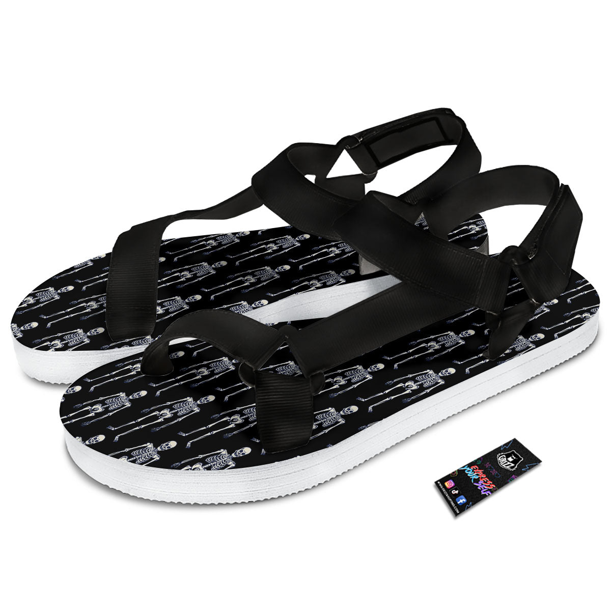 White Skeleton And Black Print Pattern Black Open Toe Sandals-grizzshop