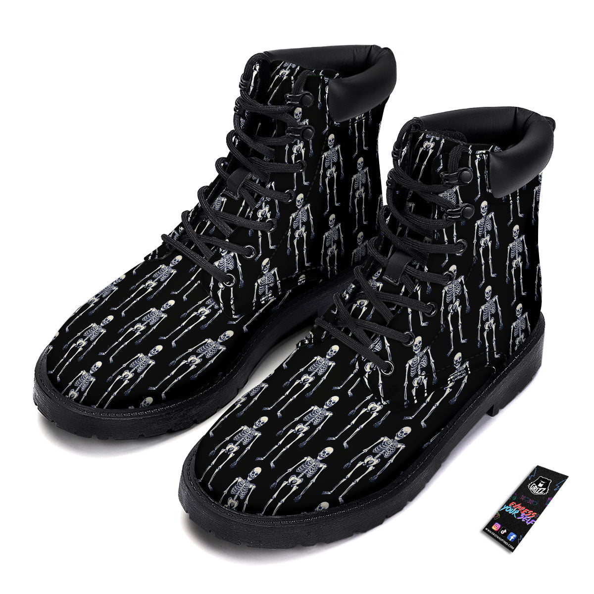 White Skeleton And Black Print Pattern Boots-grizzshop