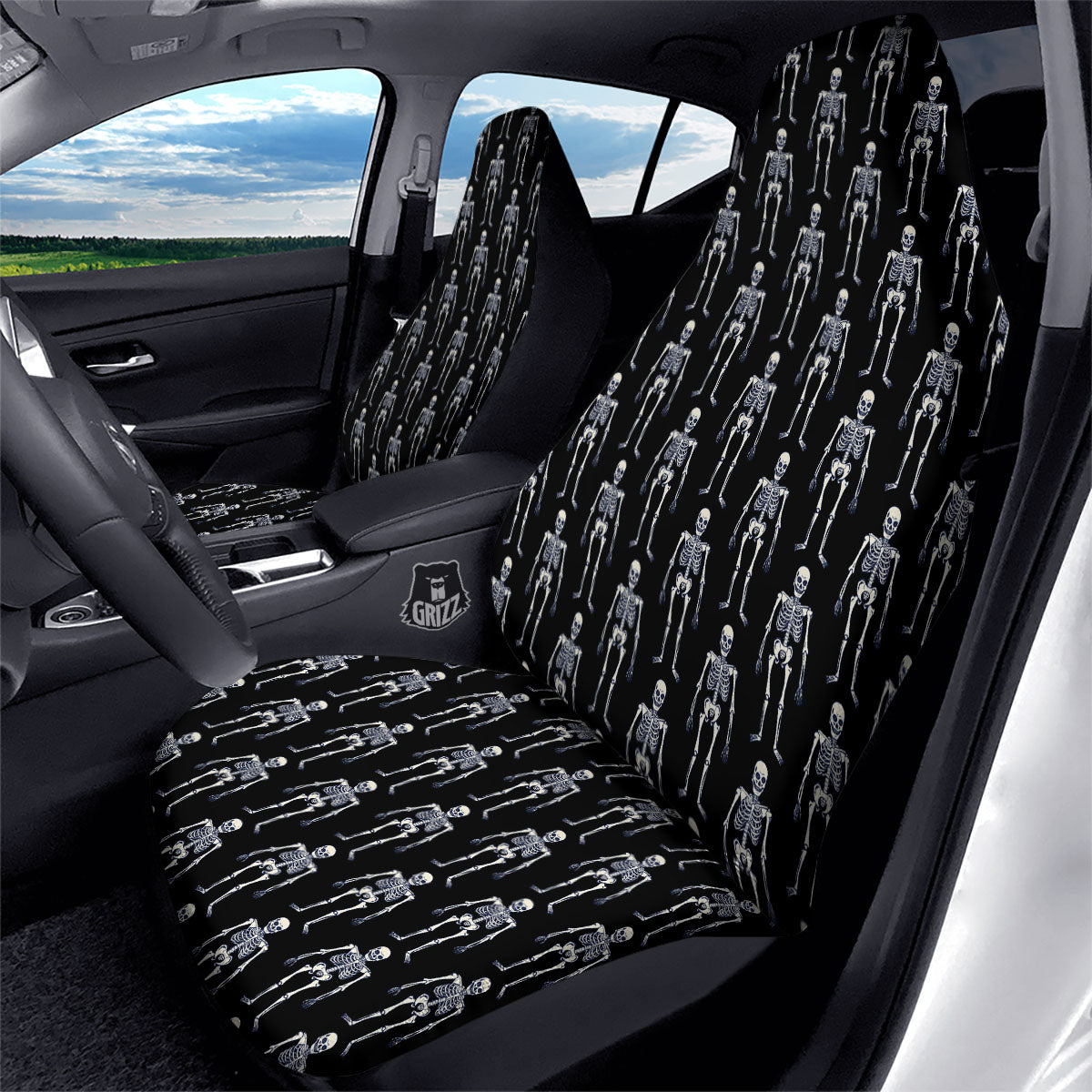 White Skeleton And Black Print Pattern Car Seat Covers-grizzshop