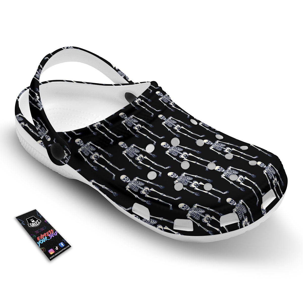 White Skeleton And Black Print Pattern Clog-grizzshop