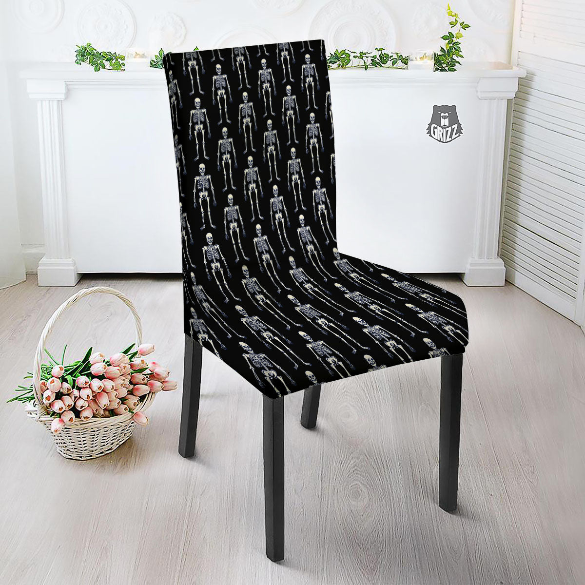 White Skeleton And Black Print Pattern Dining Chair Slipcover-grizzshop