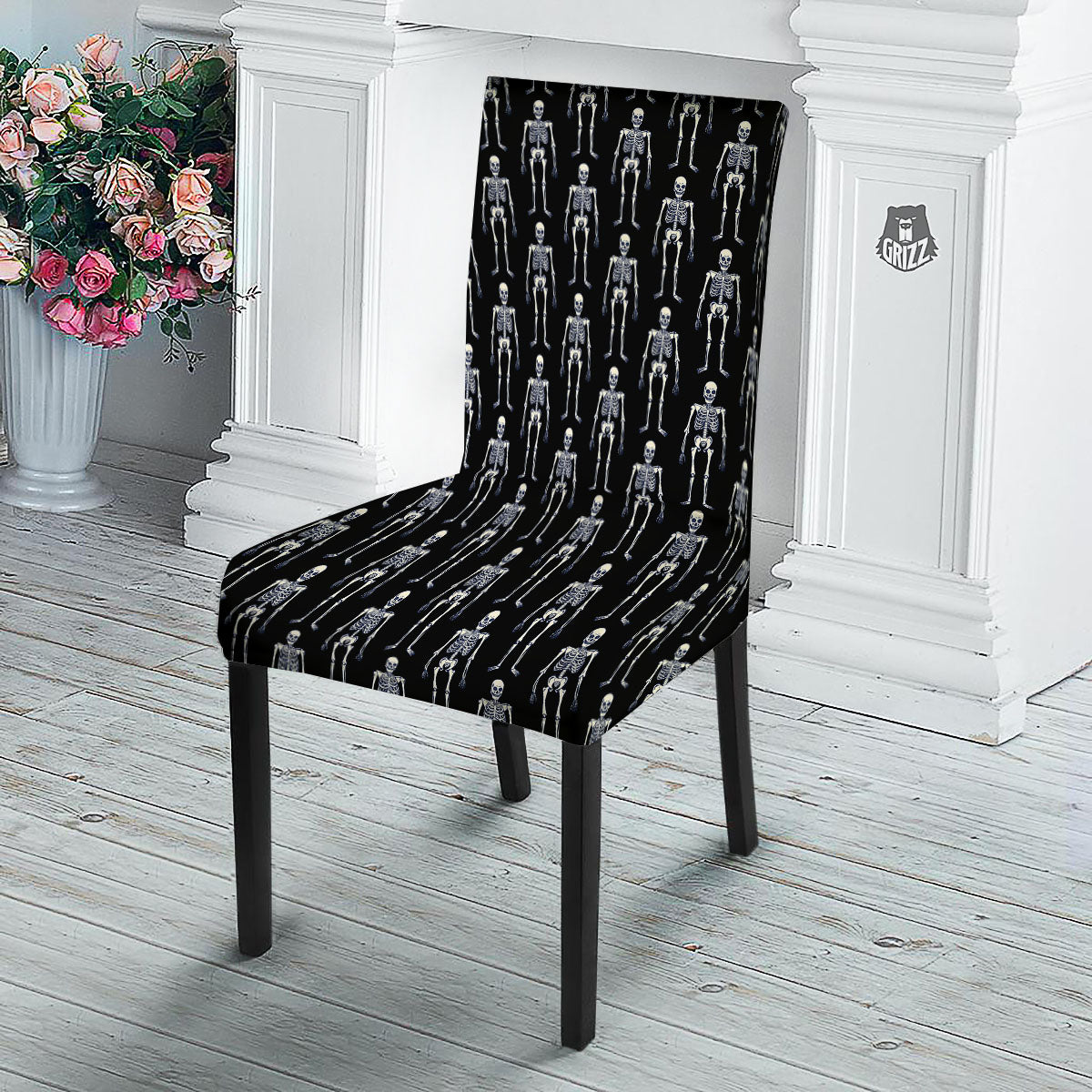 White Skeleton And Black Print Pattern Dining Chair Slipcover-grizzshop