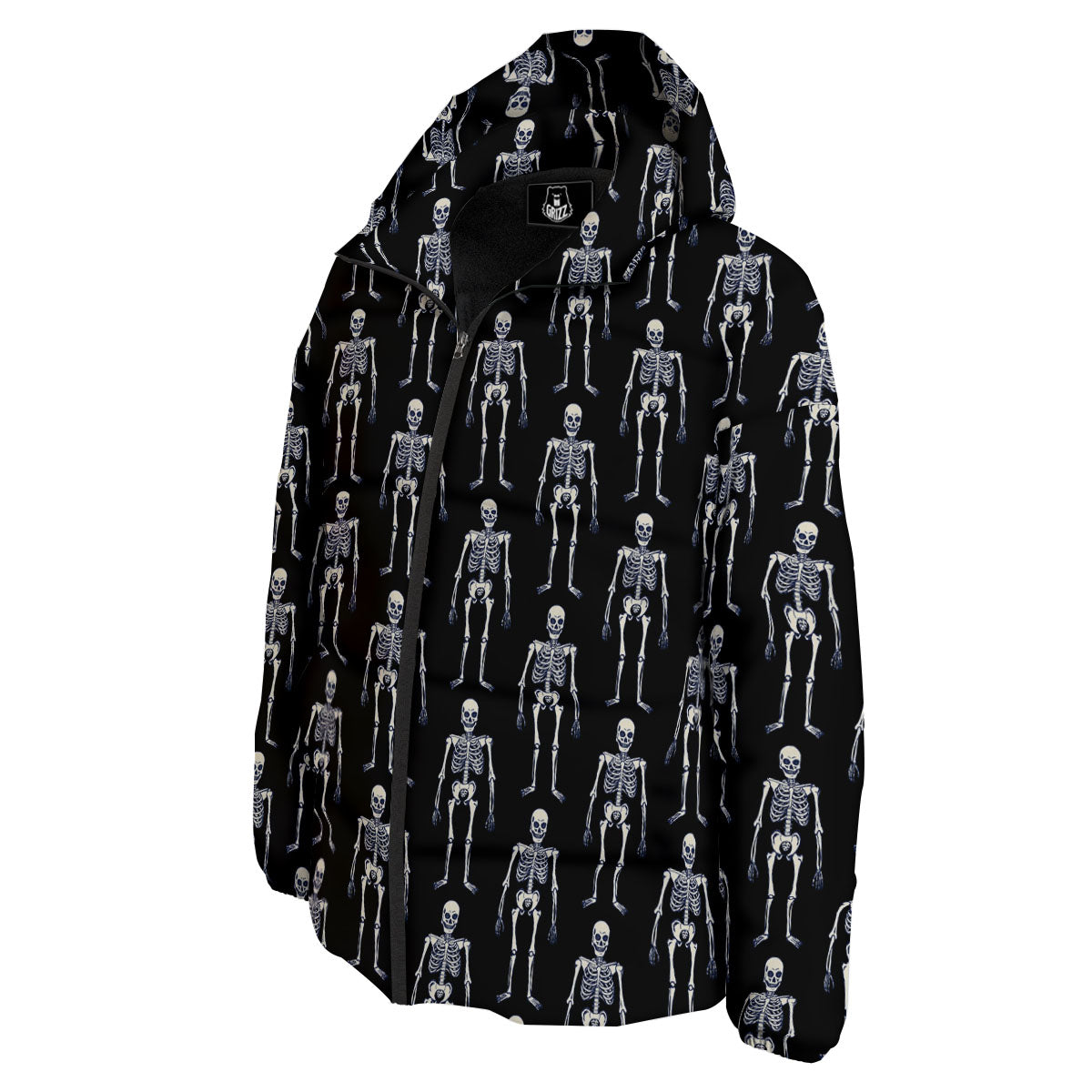 White Skeleton And Black Print Pattern Down Jacket-grizzshop