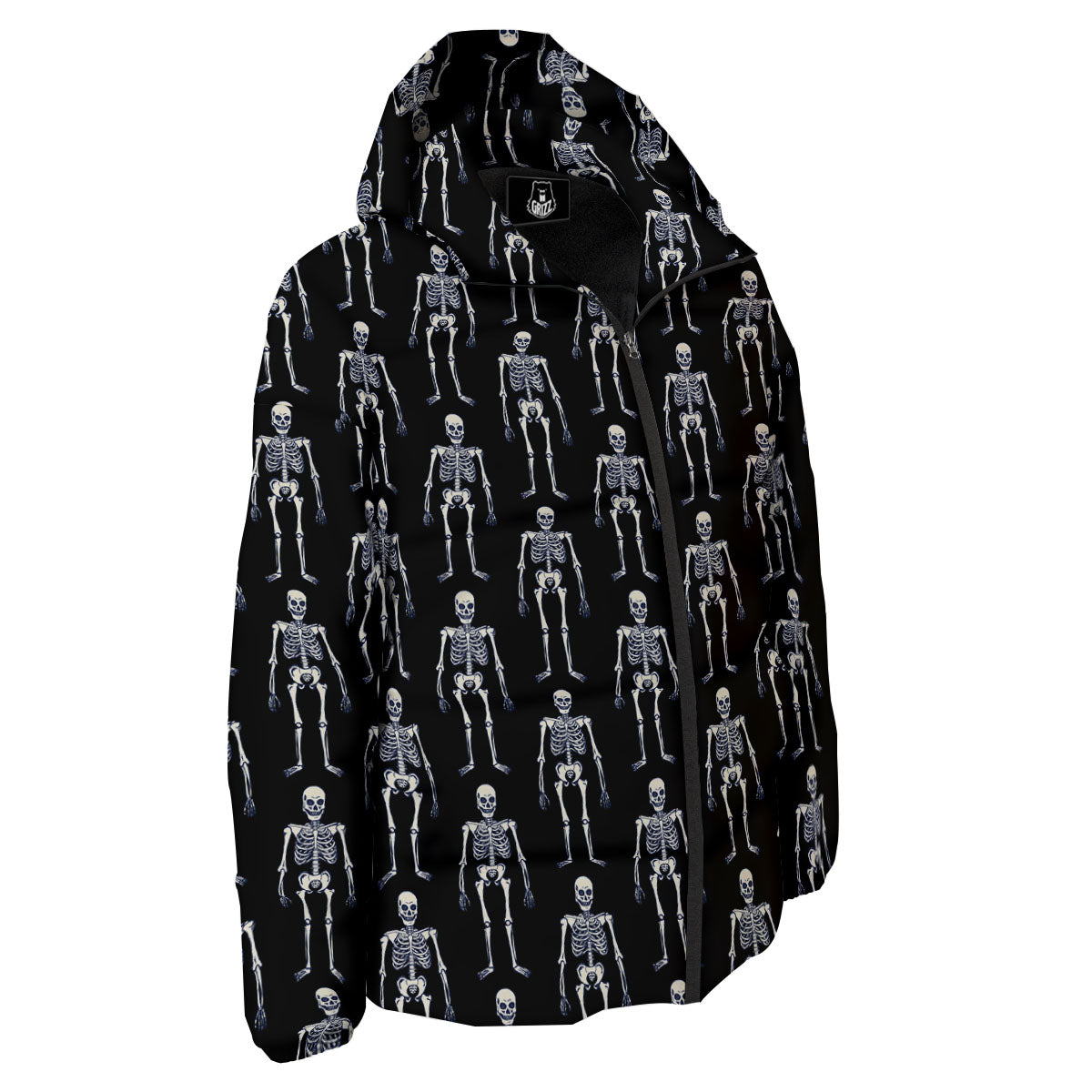 White Skeleton And Black Print Pattern Down Jacket-grizzshop