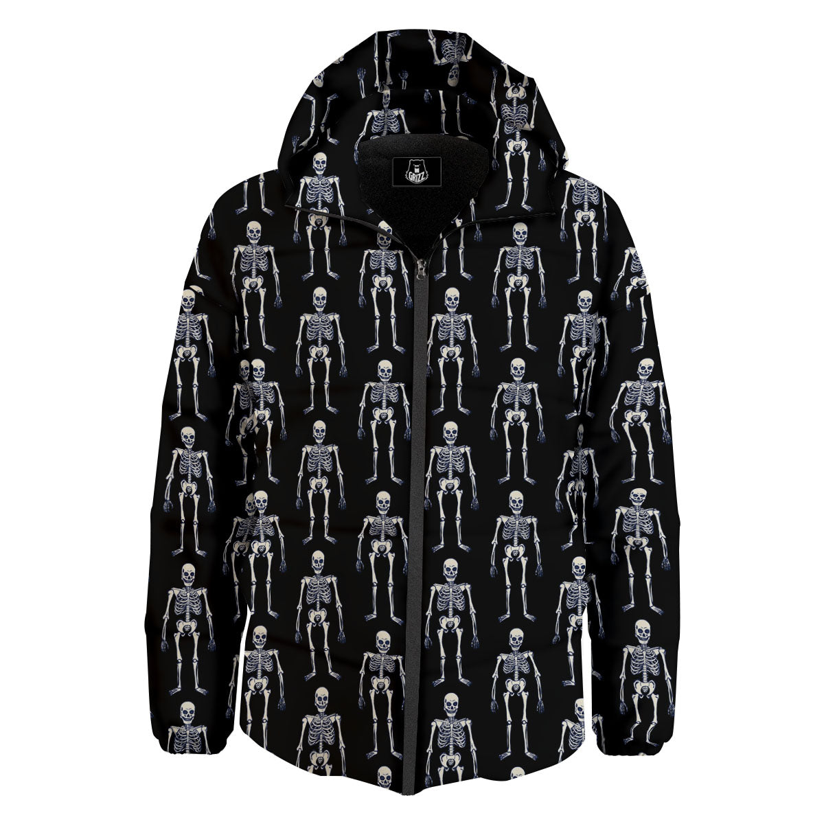 White Skeleton And Black Print Pattern Down Jacket-grizzshop