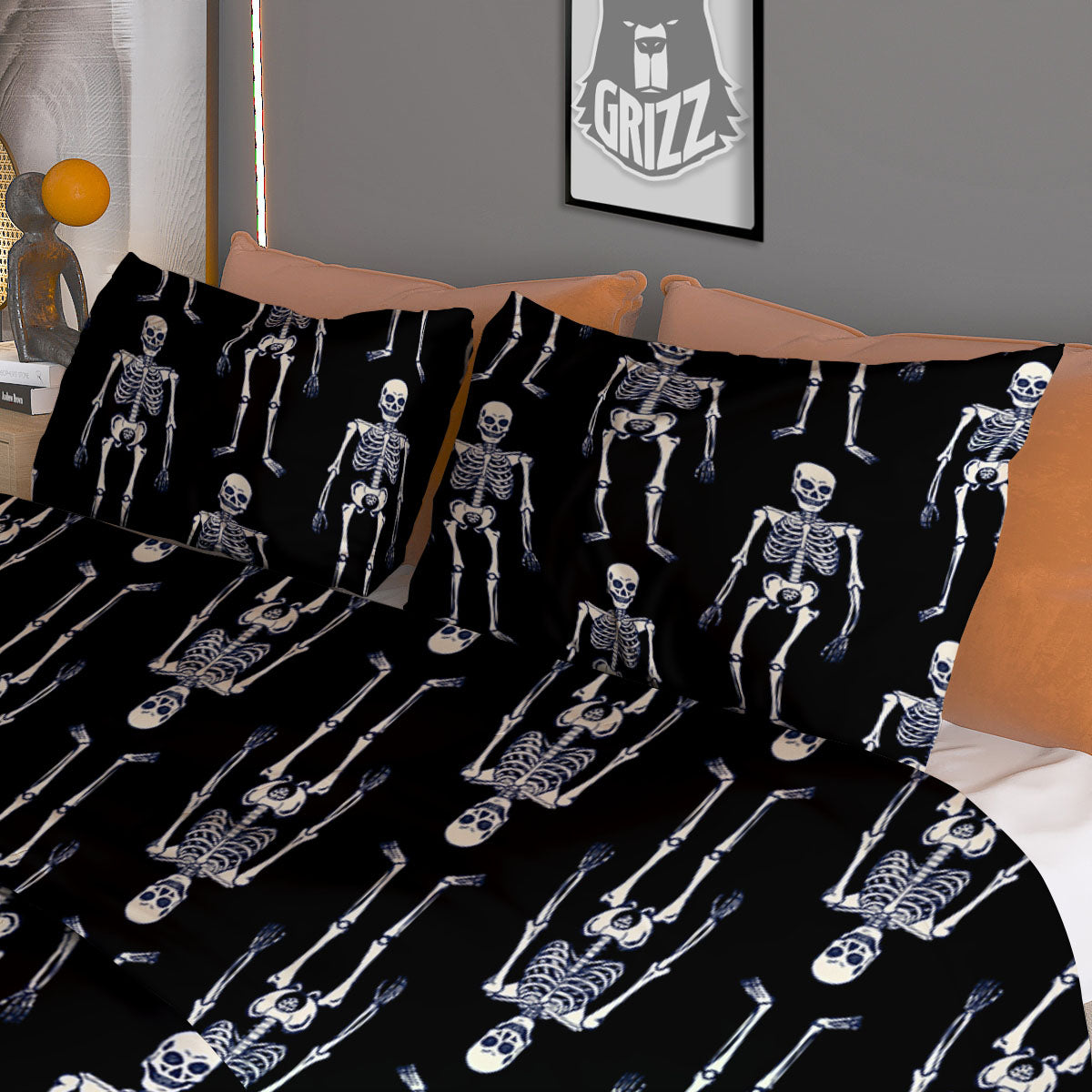 White Skeleton And Black Print Pattern Duvet Cover Bedding Set