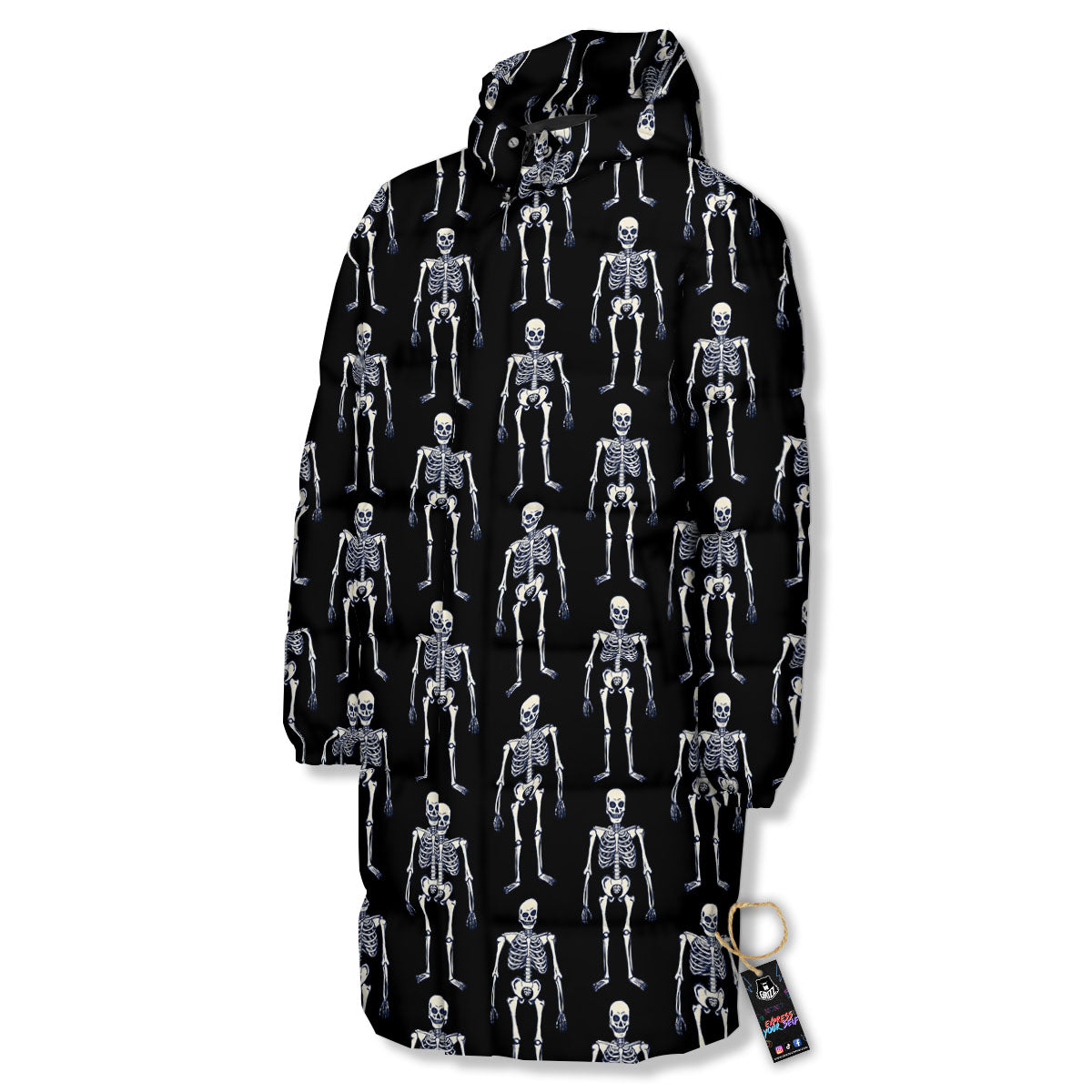 White Skeleton And Black Print Pattern Long Down Jacket-grizzshop