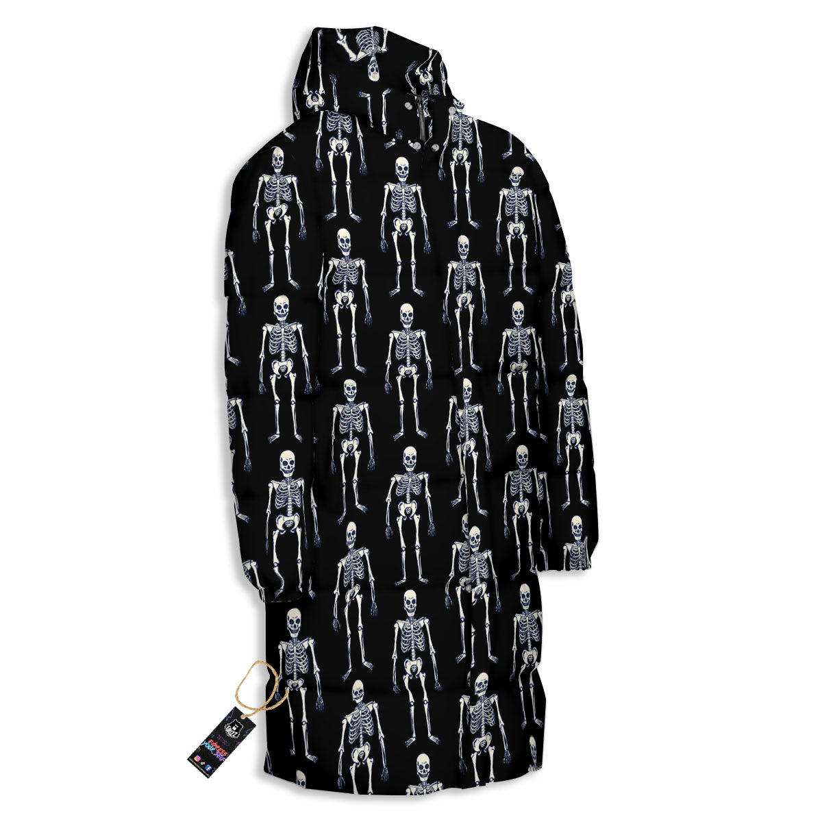 White Skeleton And Black Print Pattern Long Down Jacket-grizzshop