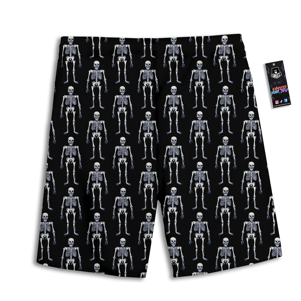 White Skeleton And Black Print Pattern Men's Athletic Shorts