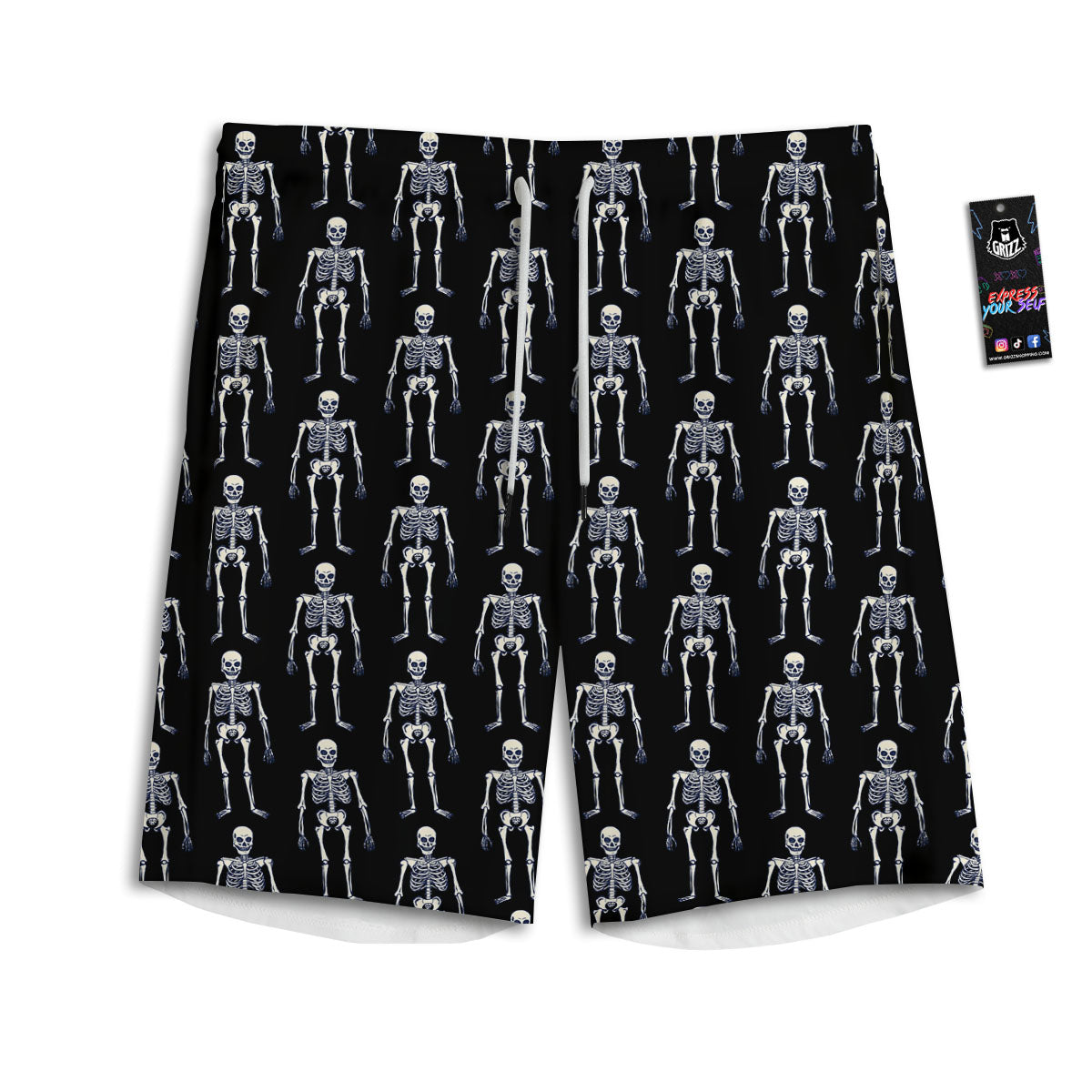 White Skeleton And Black Print Pattern Men's Athletic Shorts