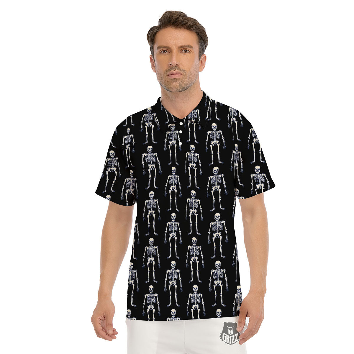White Skeleton And Black Print Pattern Men's Golf Shirts-grizzshop