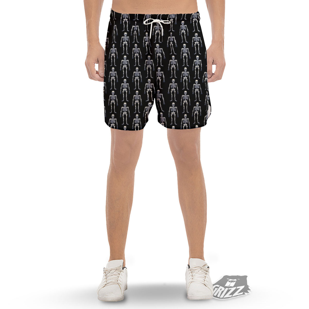 White Skeleton And Black Print Pattern Men's Gym Shorts-grizzshop