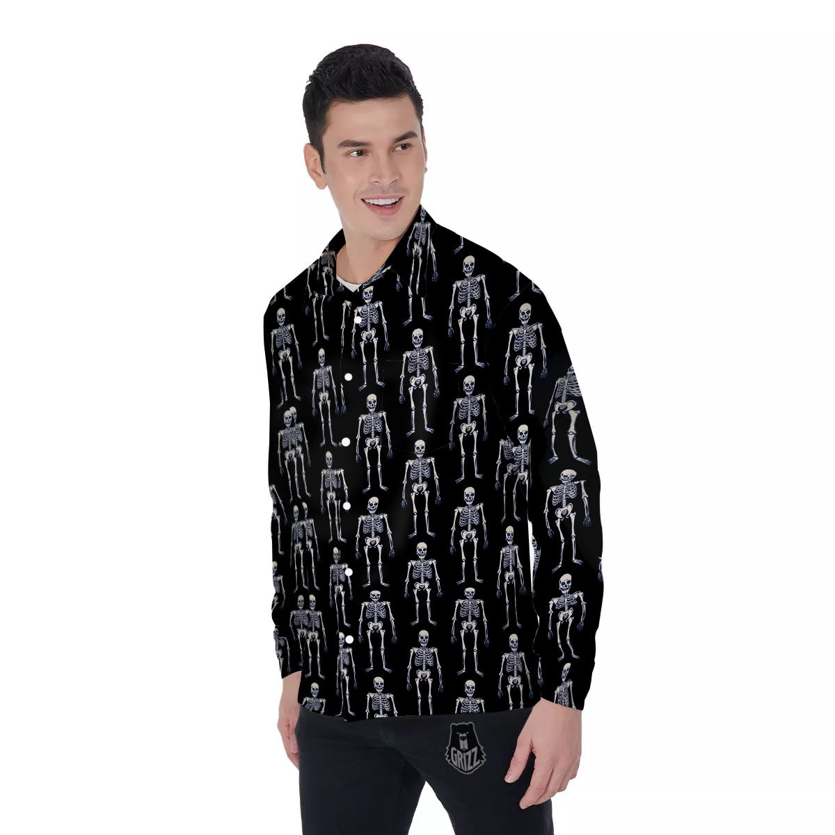 White Skeleton And Black Print Pattern Men's Long Sleeve Shirts-grizzshop