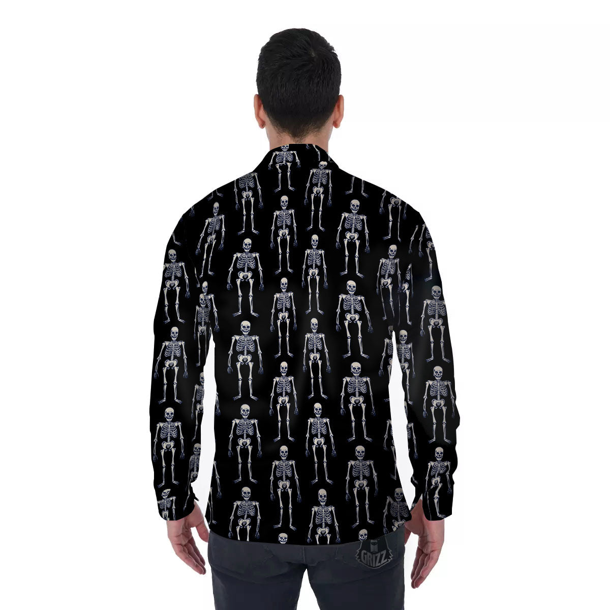 White Skeleton And Black Print Pattern Men's Long Sleeve Shirts-grizzshop