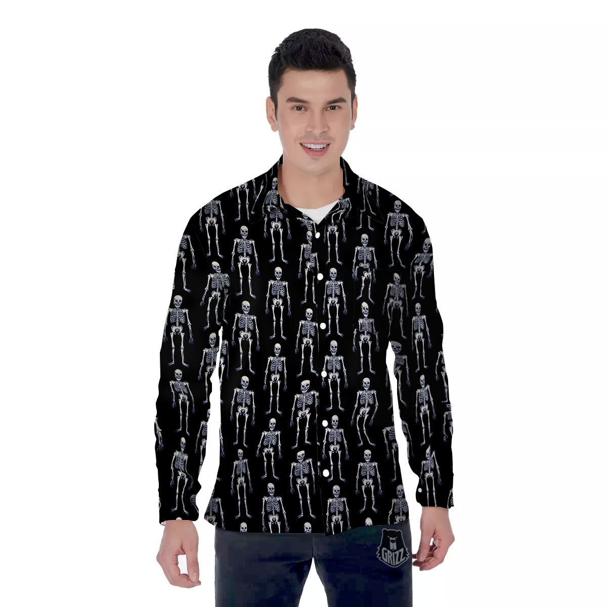 White Skeleton And Black Print Pattern Men's Long Sleeve Shirts-grizzshop