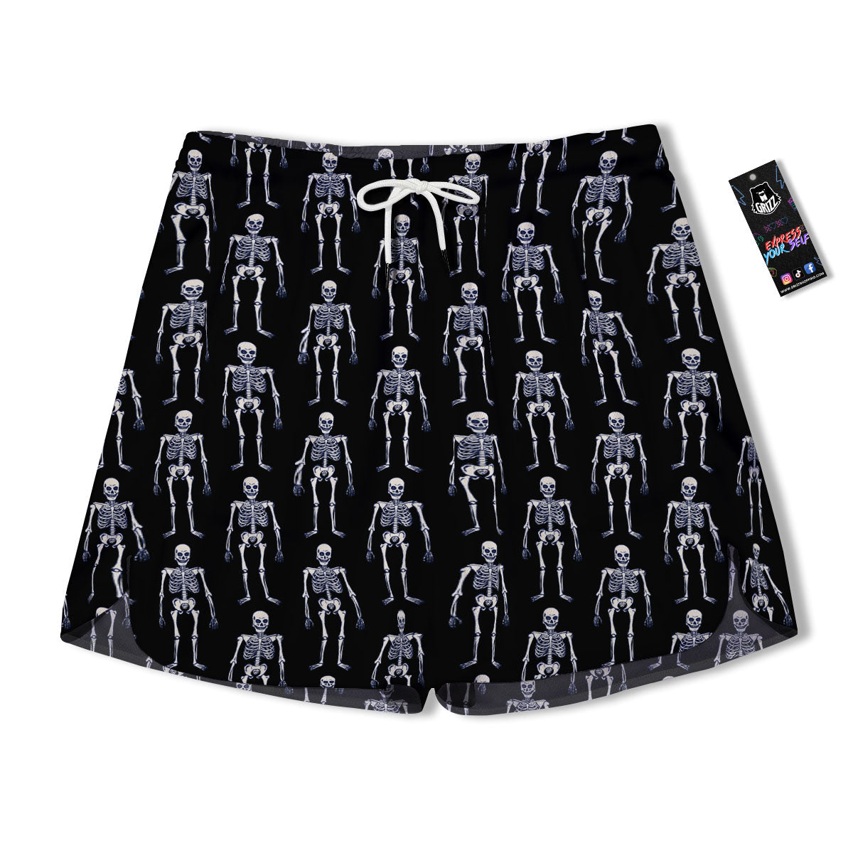 White Skeleton And Black Print Pattern Men's Running Shorts-grizzshop