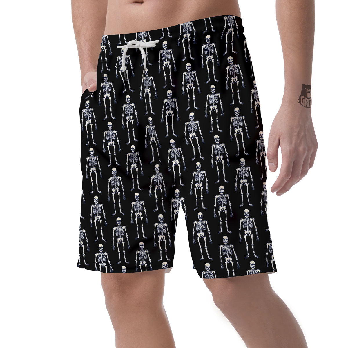 White Skeleton And Black Print Pattern Men's Shorts-grizzshop