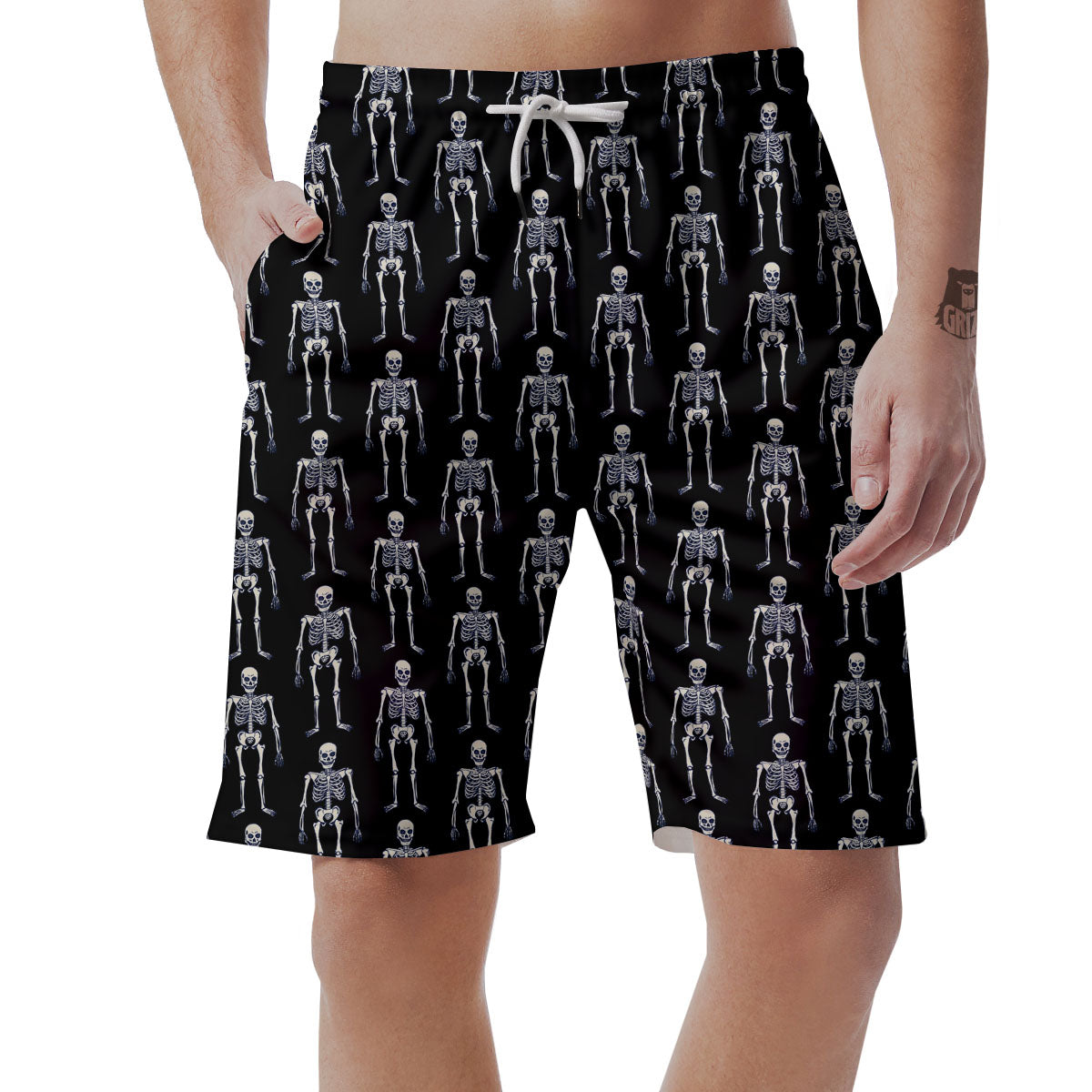 White Skeleton And Black Print Pattern Men's Shorts-grizzshop