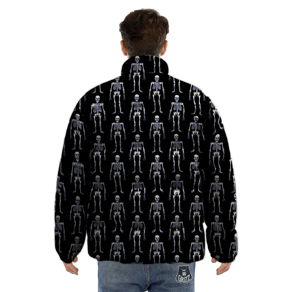 White Skeleton And Black Print Pattern Puffer Jacket-grizzshop