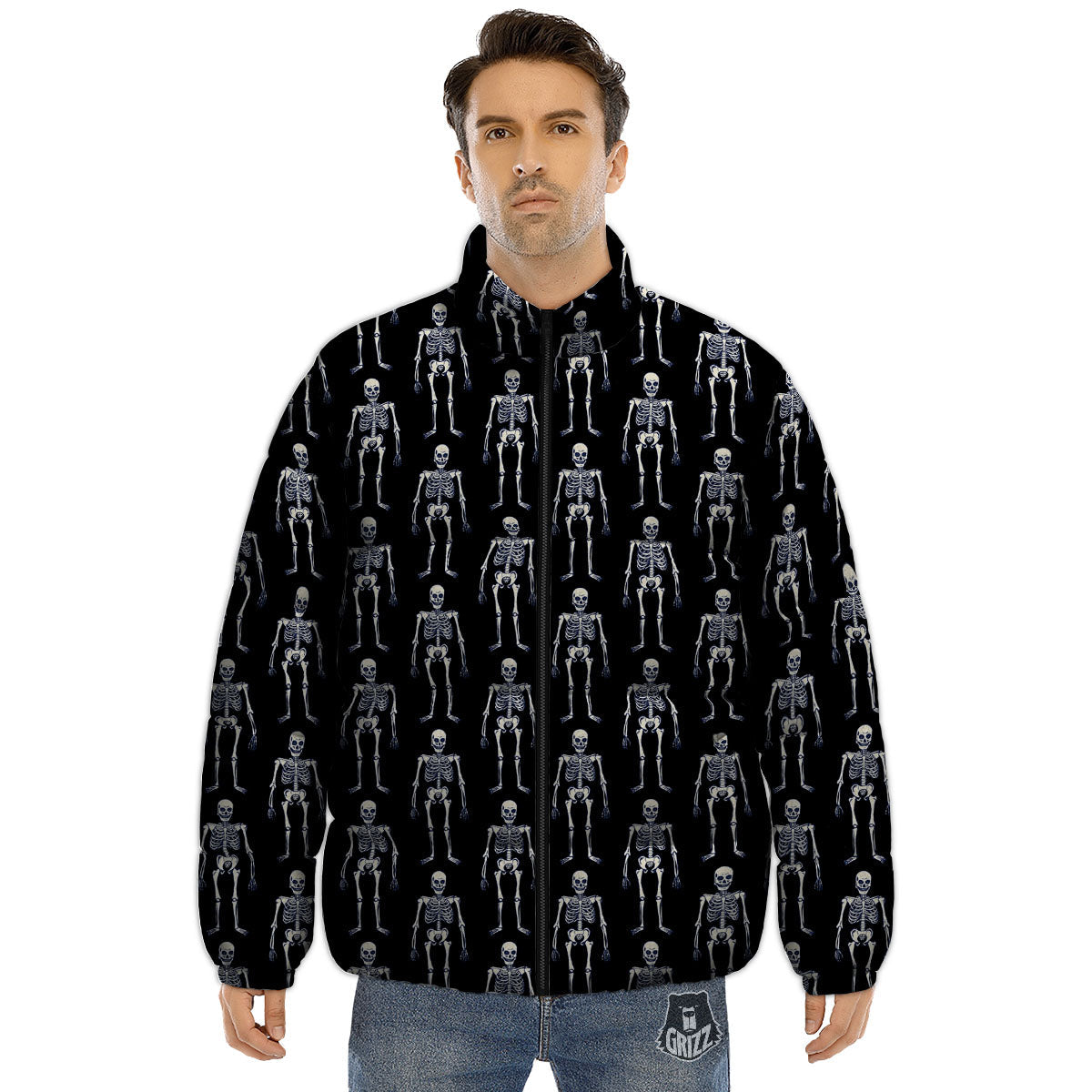 White Skeleton And Black Print Pattern Puffer Jacket-grizzshop