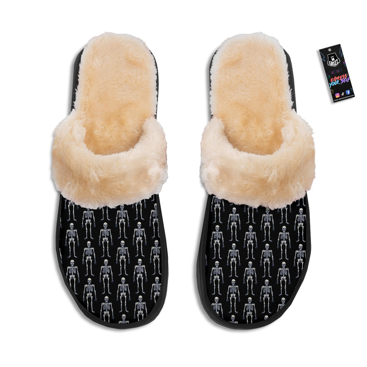 White Skeleton And Black Print Pattern Slippers-grizzshop