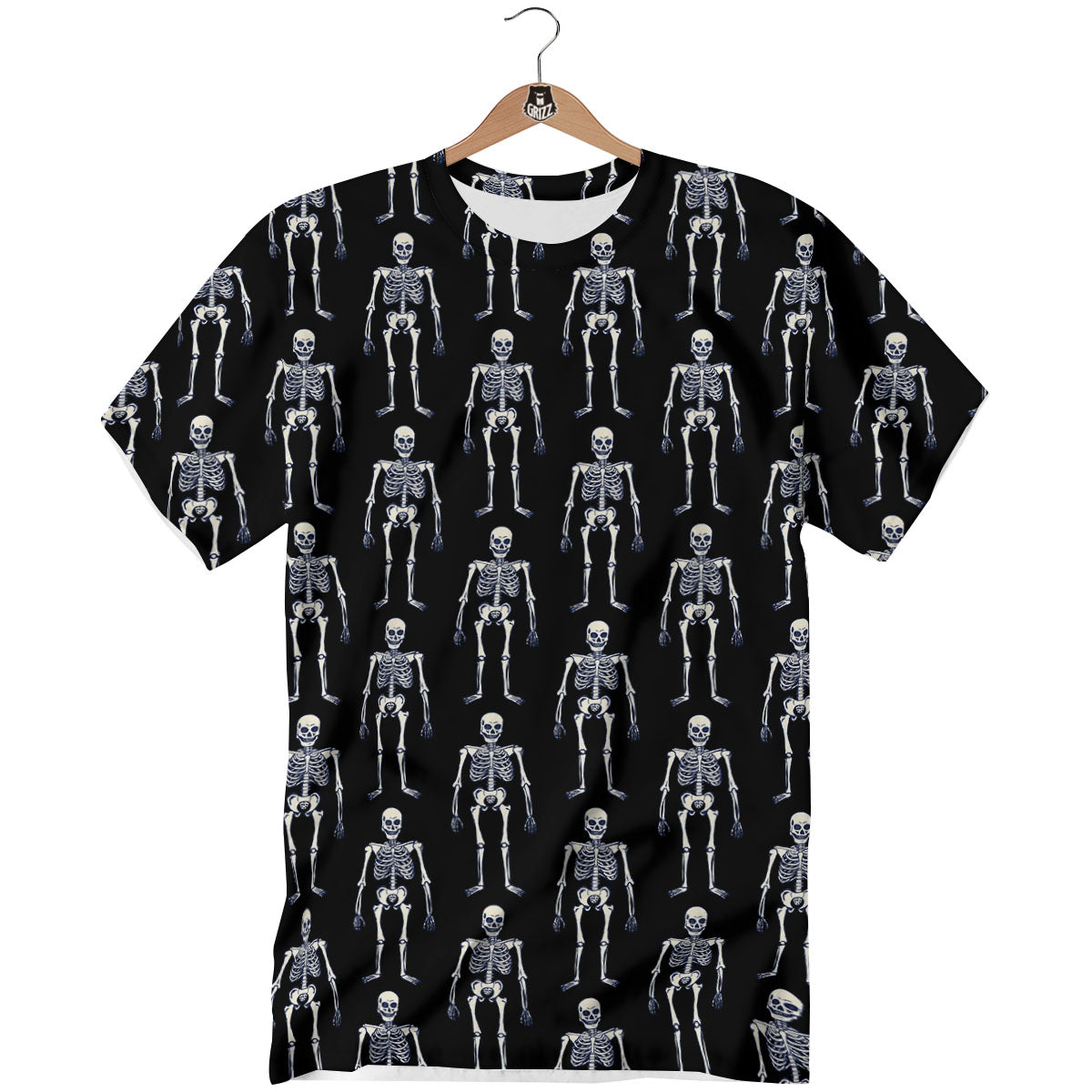 White Skeleton And Black Print Pattern T-Shirt-grizzshop