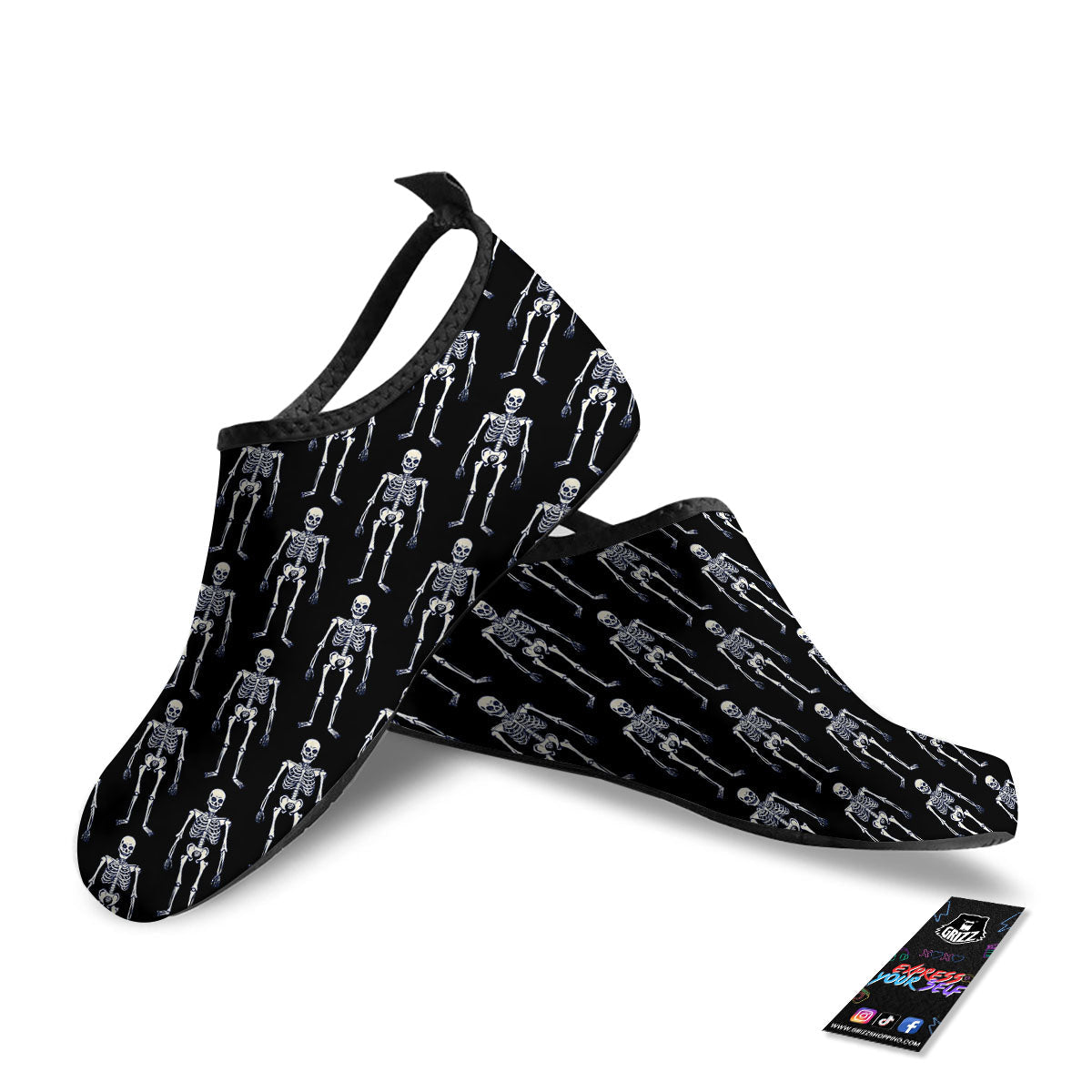 White Skeleton And Black Print Pattern Water Shoes-grizzshop