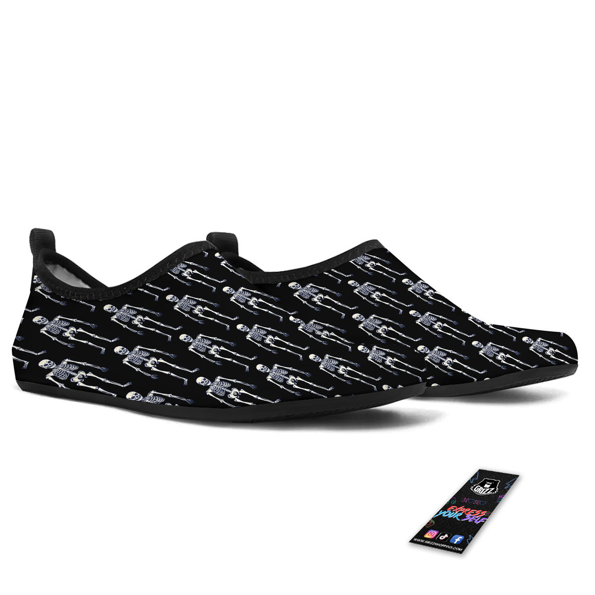 White Skeleton And Black Print Pattern Water Shoes-grizzshop