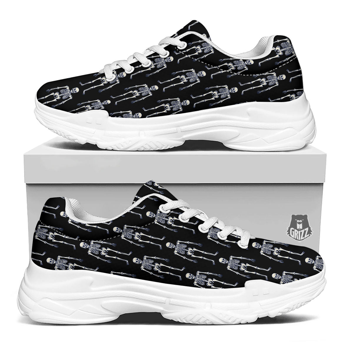 White Skeleton And Black Print Pattern White Chunky Shoes-grizzshop