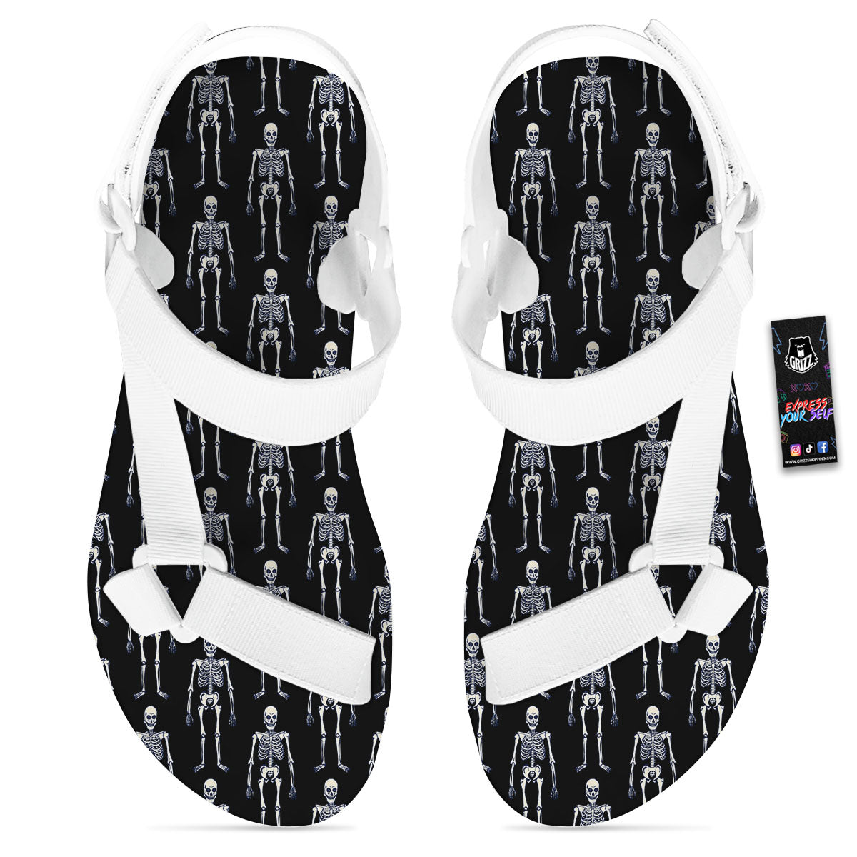White Skeleton And Black Print Pattern White Open Toe Sandals-grizzshop