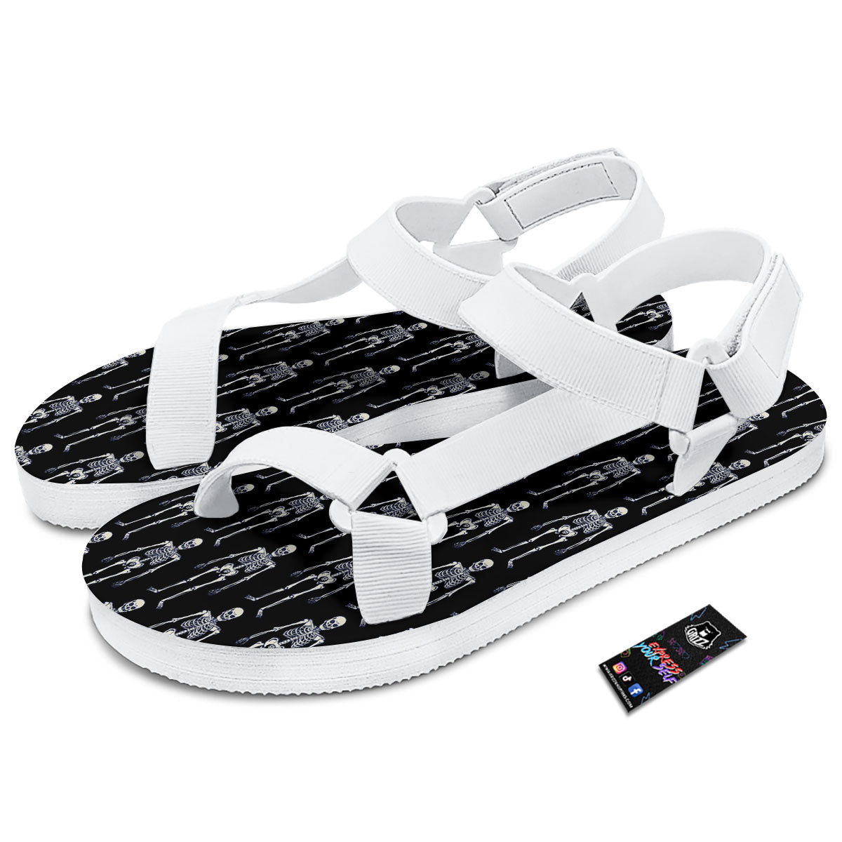 White Skeleton And Black Print Pattern White Open Toe Sandals-grizzshop