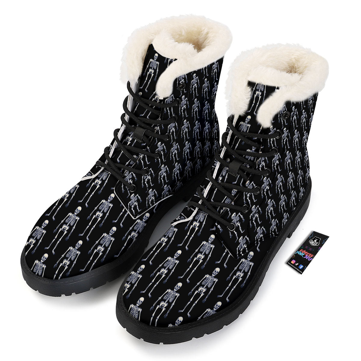 White Skeleton And Black Print Pattern Winter Boots-grizzshop