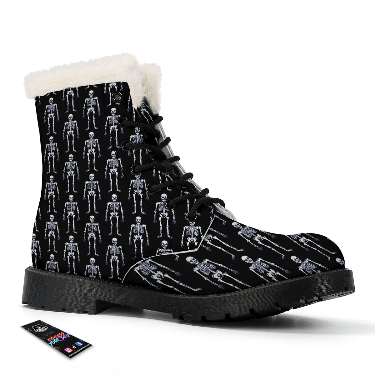 White Skeleton And Black Print Pattern Winter Boots-grizzshop